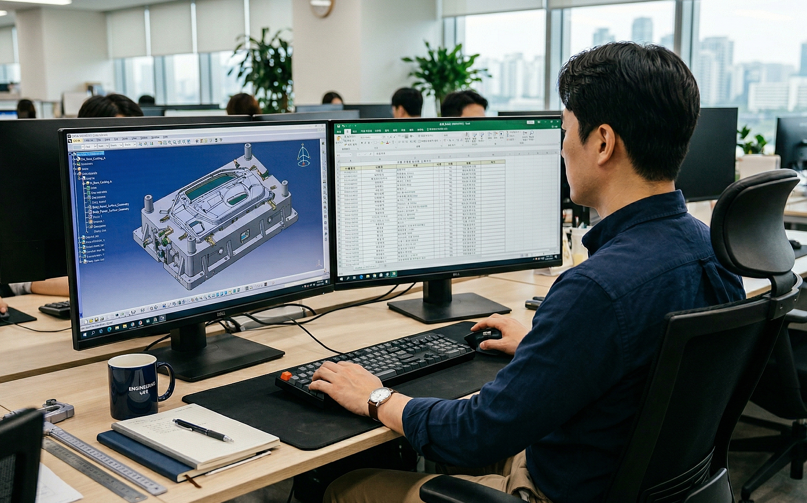 Engineer designing on dual monitors